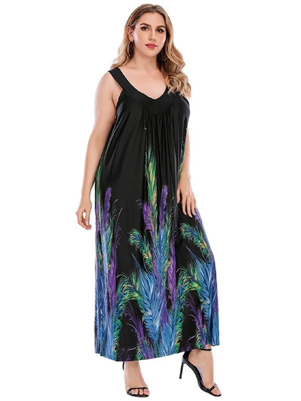 KittenAlarm - Plus Size Black with Feather Print V-neck Dress