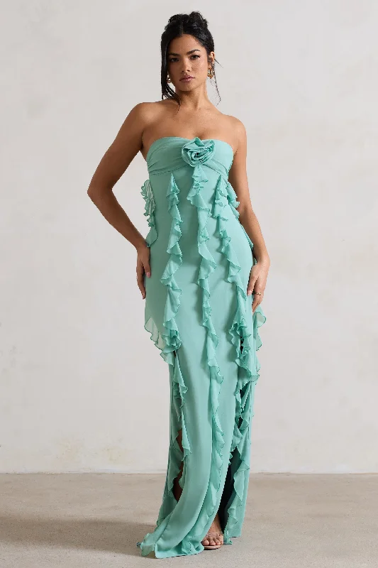 Gardenia | Mint Green Strapless Ruffle Maxi Dress With Corsage