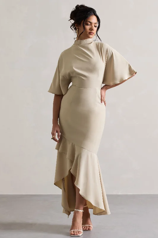 Lavinia | Champagne High-Neck Flutter-Sleeve Asymmetric Maxi Dress