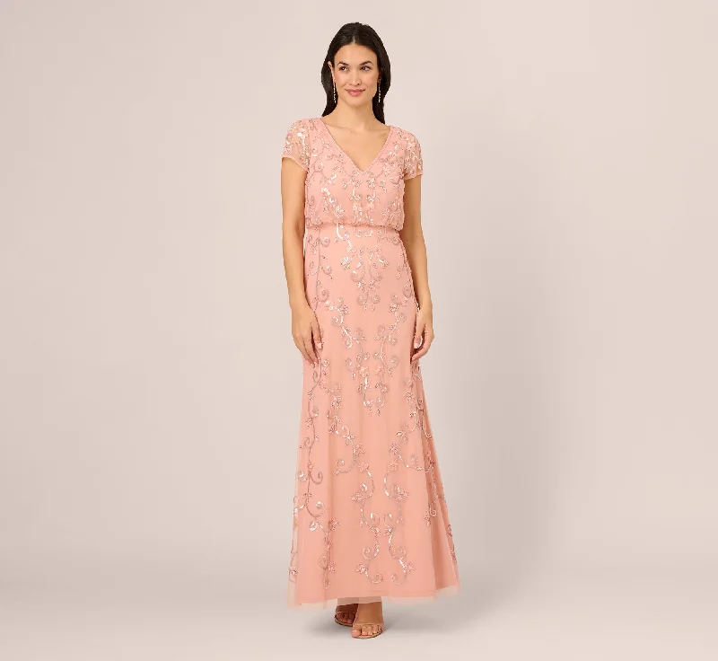 Beaded Blouson Mermaid Gown With Sheer Short Sleeves In Coral Coast