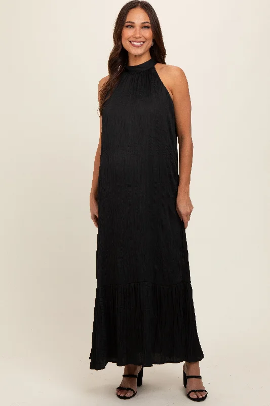 Black Textured Halter Tie Maternity Maxi Dress