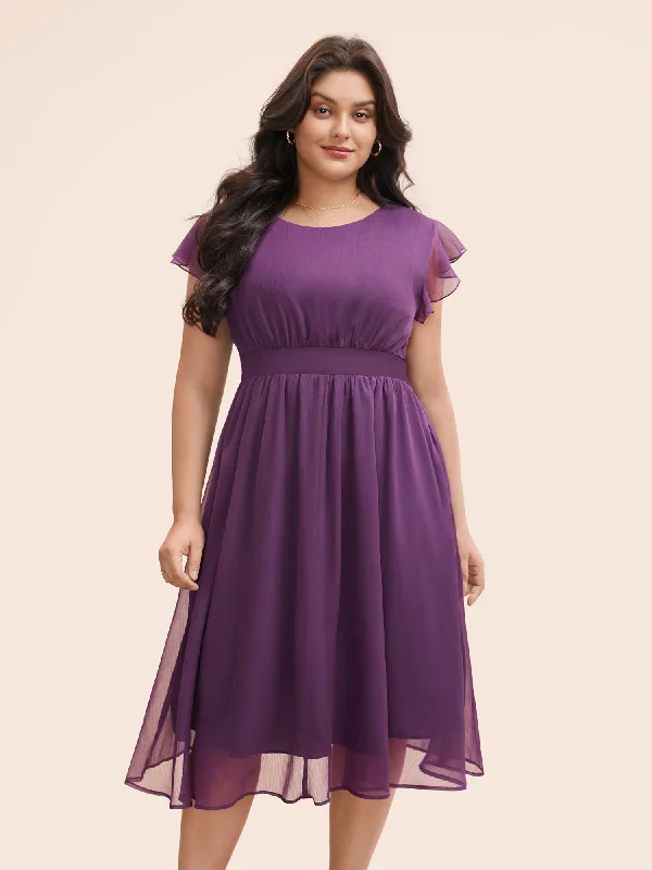 Chiffon Ruffle Cap Sleeve Shirred Dress