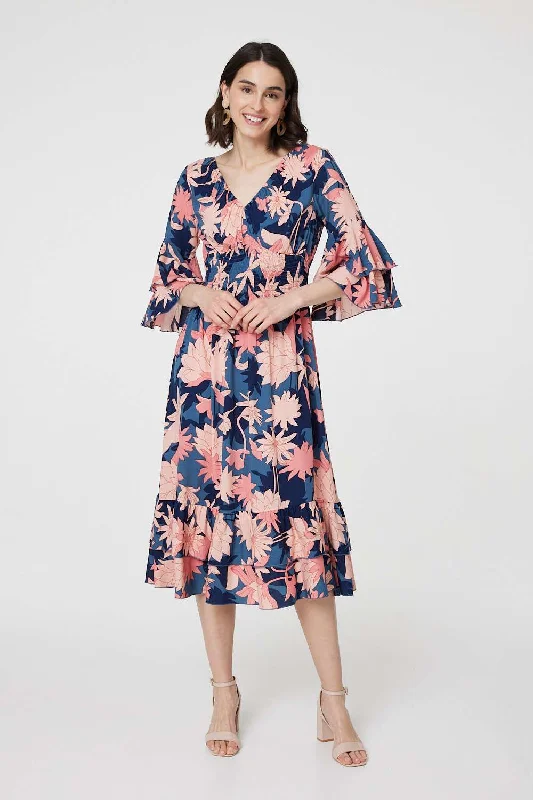 Floral 3/4 Sleeve Ruffled Midi Dress