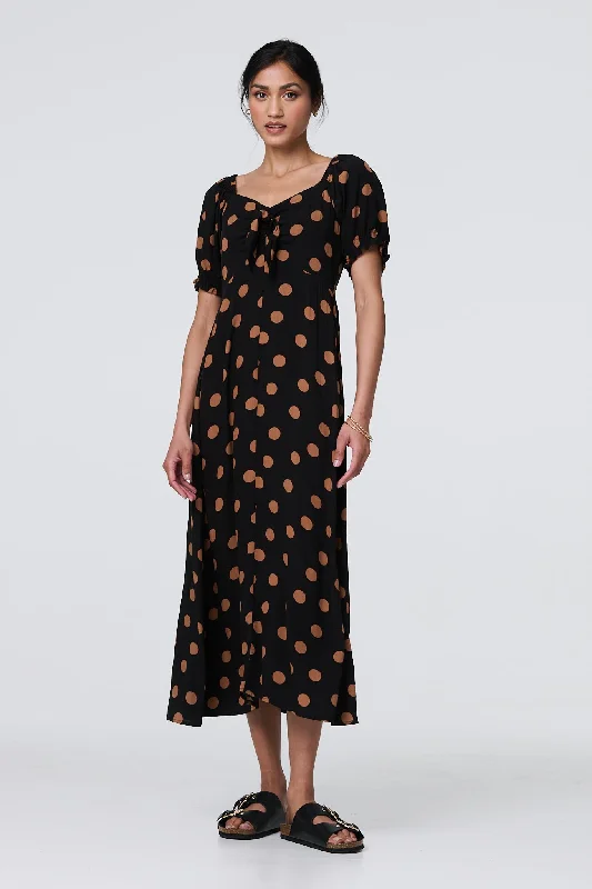 Polka Dot Puff Sleeve Midi Dress