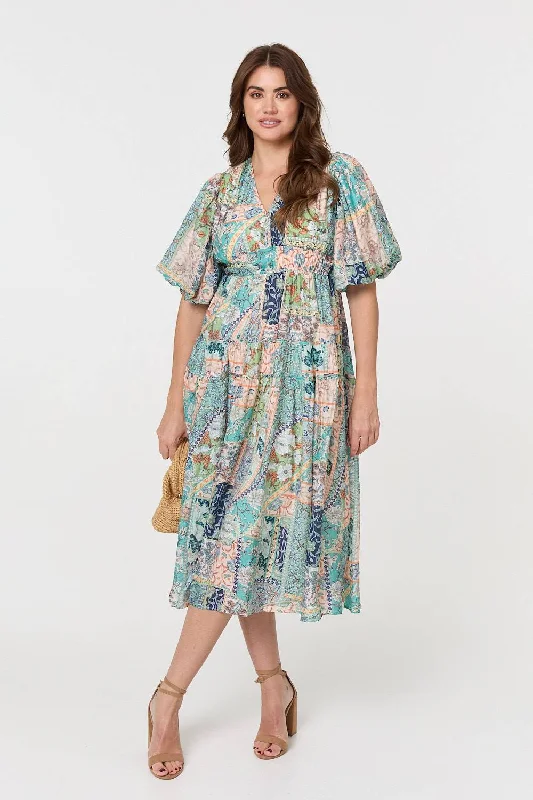 Patchwork Print 1/2 Puff Sleeve Midi Dress