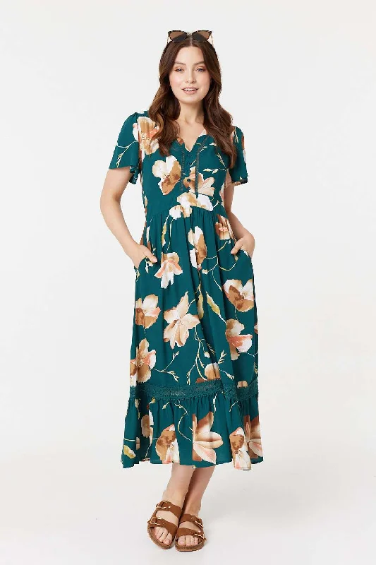 Floral Lace Trim A-Line Midi Dress