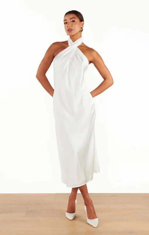 Jasmine Halter Midi Dress ~ Ivory Luxe Satin