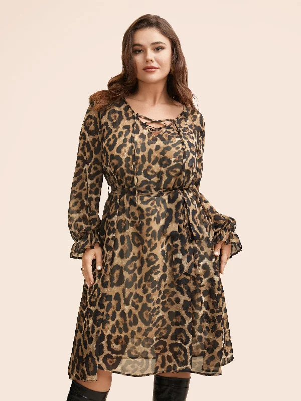 Leopard Print Lace Up Lantern Sleeve Dress