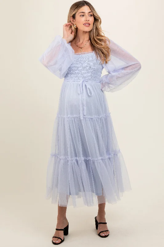 Light Blue Mesh Tiered Long Sleeve Maternity Maxi Dress