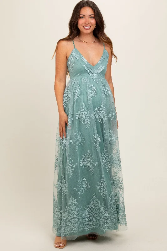 Mint Green Floral Lace Overlay Maternity Maxi Dress