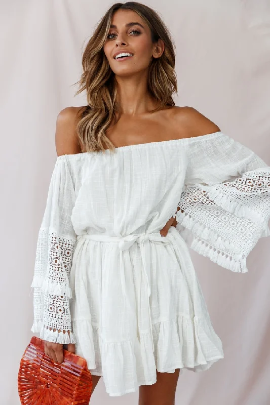 Mona Off-Shoulder Embellished Sleeve Dress White