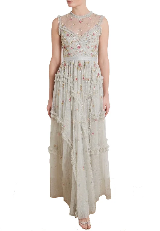 Light Grey Shimmer Ditsy Sleeveless Floral Embellished Gown