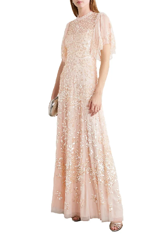 Nude Honesty Embellished Sequins Flutter Sleeves Gown