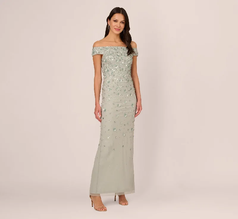 Off Shoulder Dress With Floral Embellishment In Frosted Sage