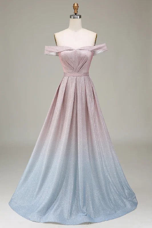 Off the Shoulder Grey Pink Sparkly Prom Dress with Pleated