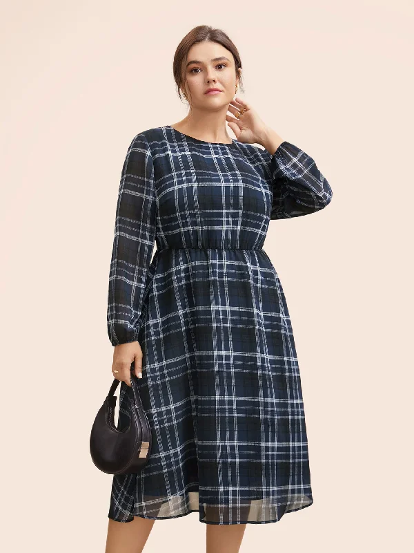 Plaid Round Neck Lantern Sleeve Dress