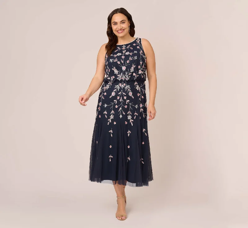 Plus Size Floral Beaded Blouson Tea Length Dress In Navy Blush