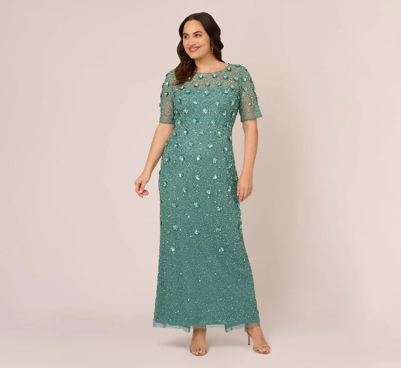 Plus Size Long Hand Beaded 3D Floral Dress With Elbow Sleeves In Green Slate