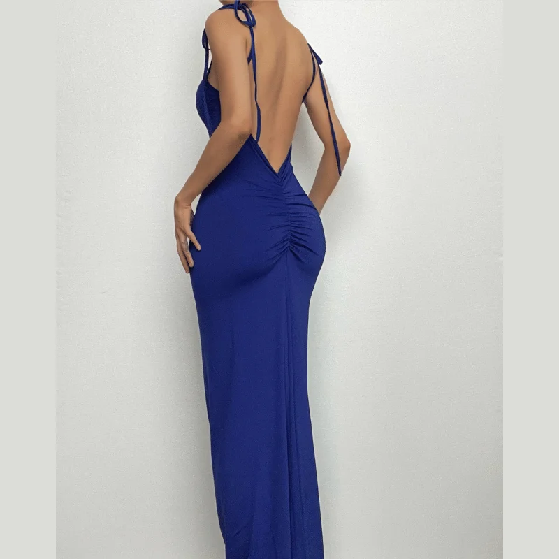 BerryBetty - Self tie backless ruched square neck solid maxi dress