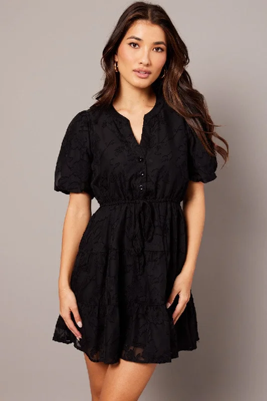 Black Fit And Flare Dress Puff Sleeve Burnout Fabric