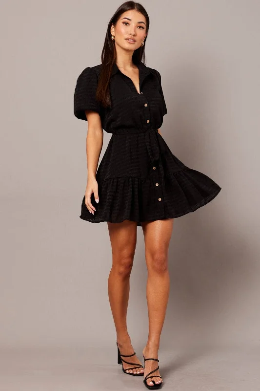 Black Fit And Flare Dress Short Sleeve Mini