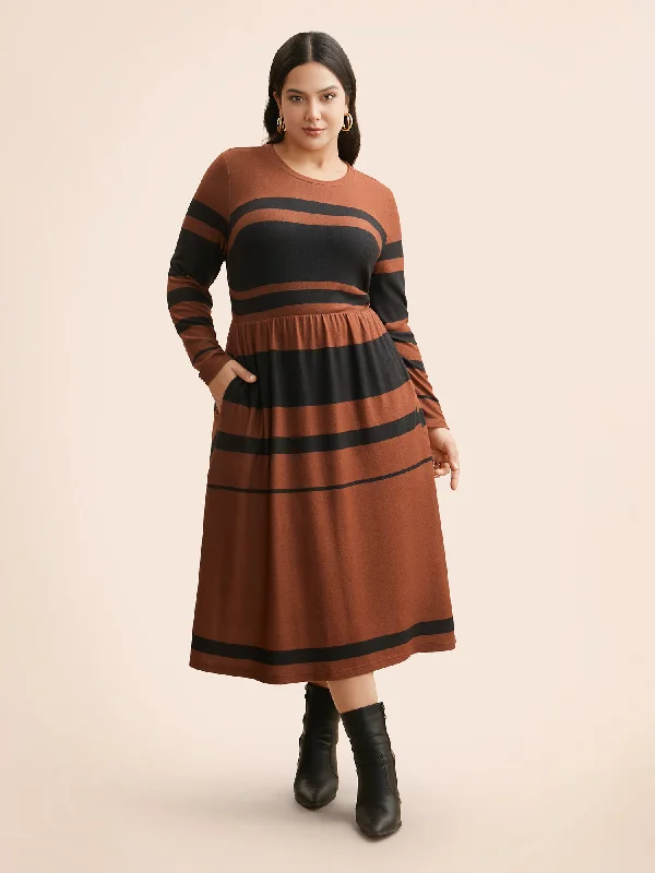 Crew Neck Striped Patchwork Elastic Waist Dress