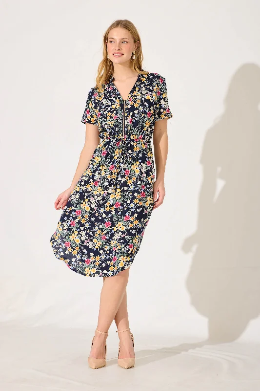 Go Getter Zip Dress In Navy With Lemon Floral