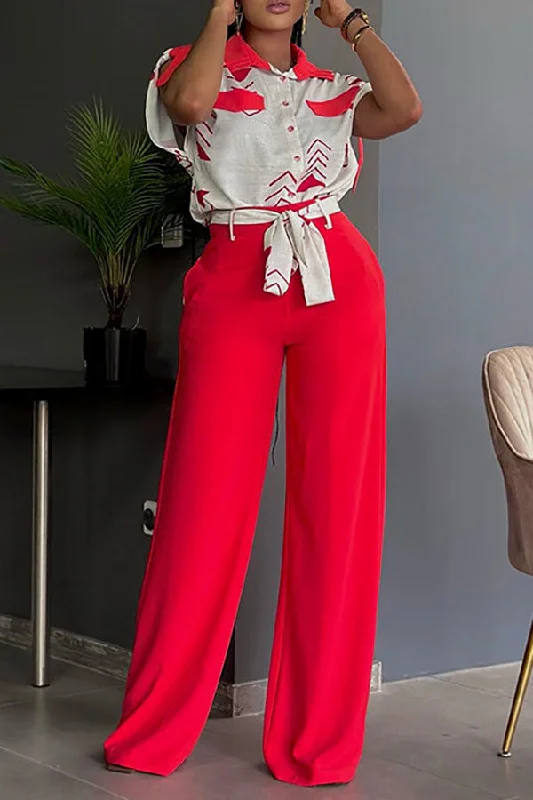 Graphic Print Retro Belted Wide Leg Pant Suit