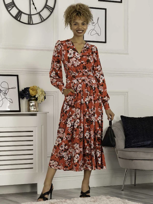 Jolie Moi Vivian Long Sleeve Dress, Red Floral