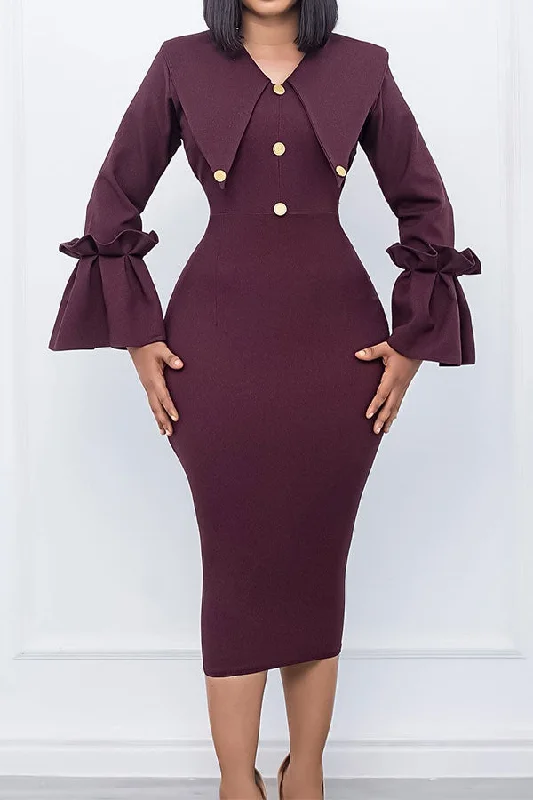 Solid Color Stunning Trumpet Sleeve Midi Dress