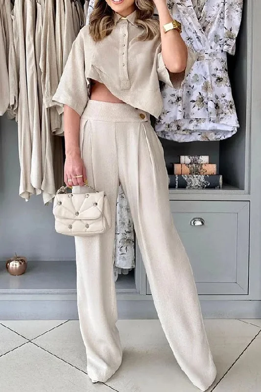 Solid Color Stylish Asymmetric Polo Neck Pant Suit