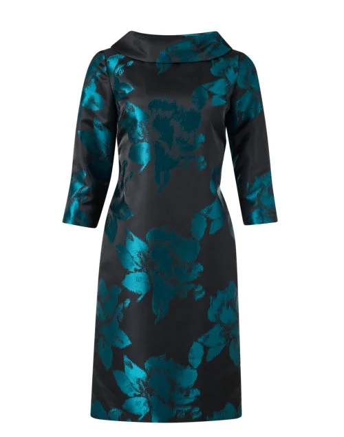 Teal and Black Floral Jacquard Dress