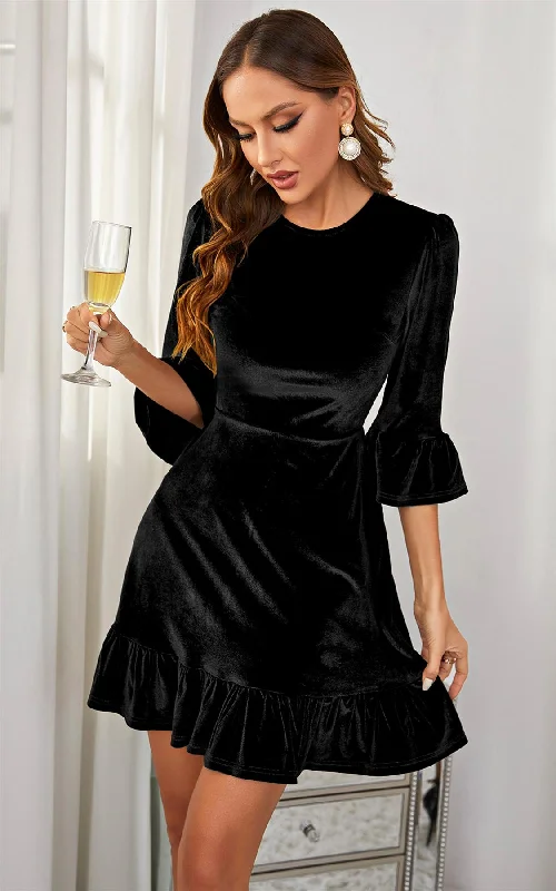 Velvet Frill Detail Mini Dress In Black