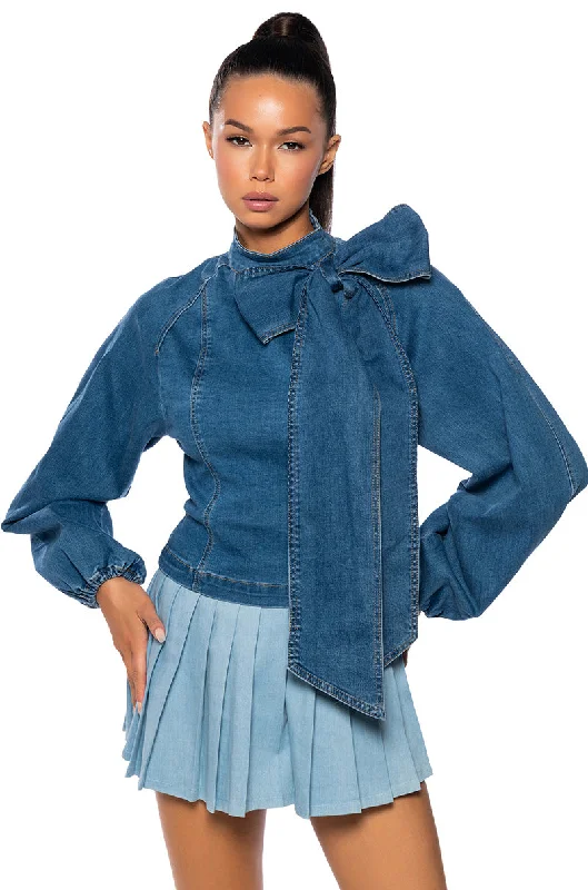 BELIEVE IN MY OWN BOW DETAIL DENIM TOP