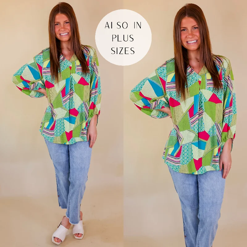 Eyes On Paradise Mix Patch Print Blouse with 3/4 Sleeves in Green Mix