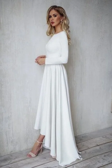 Boat Neck Long-sleeve High Low Wedding Dress 2020