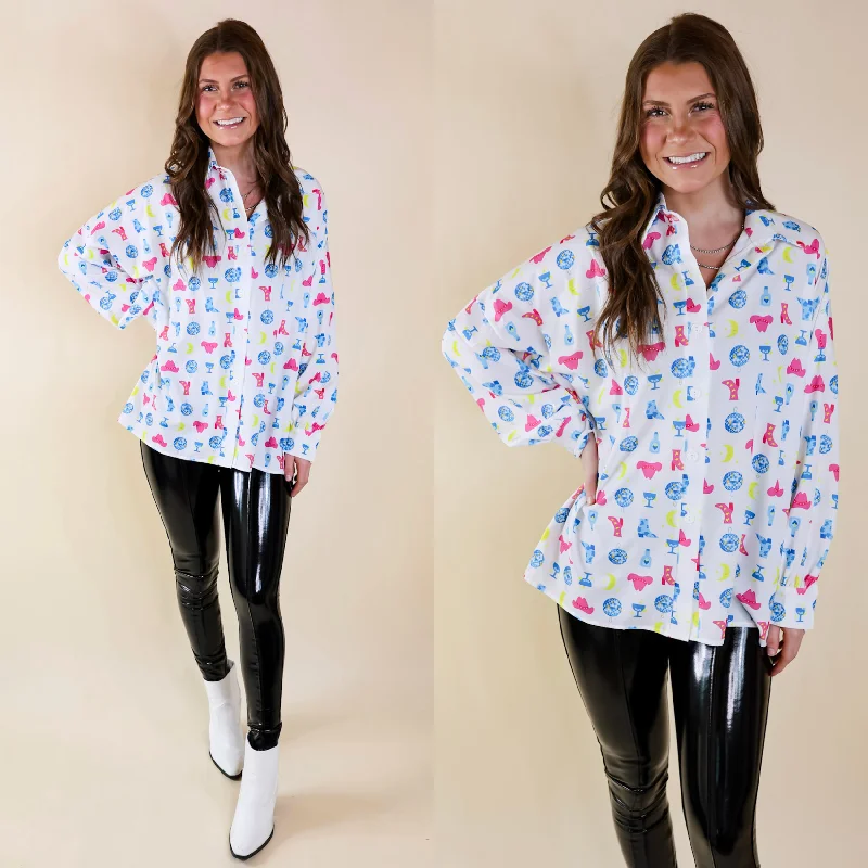 The Cowgirl Way Button Up Disco Cowboy Print Top in White