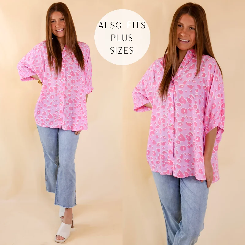 Sophisticated Sweetie Button Up Leopard Print Poncho Top in Pink