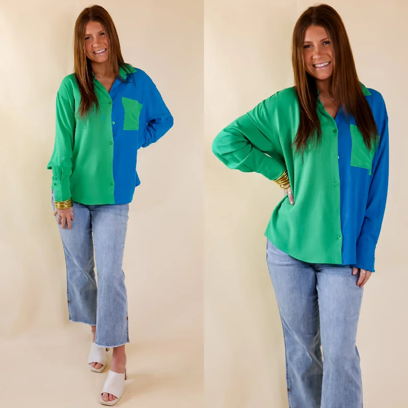 Play It Up Color Block Button Up Top in Blue and Green