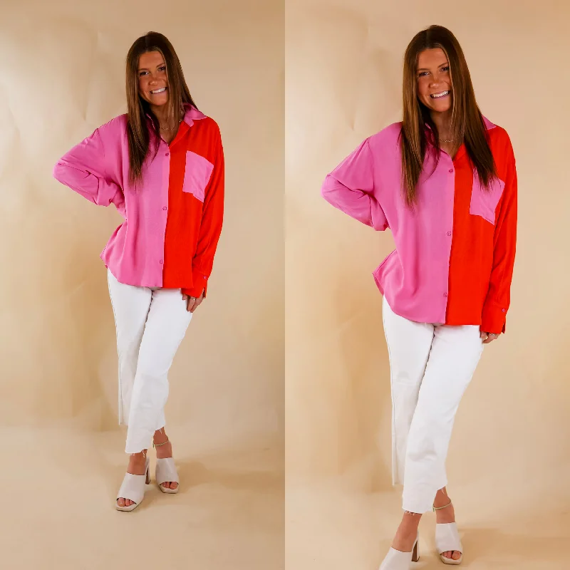 Play It Up Color Block Button Up Top in Pink and Red