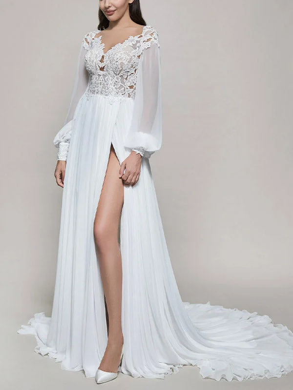 Fairy Long Sleeves Chiffon Garden Beach Dream Vintage Long Wedding Dresses WD548