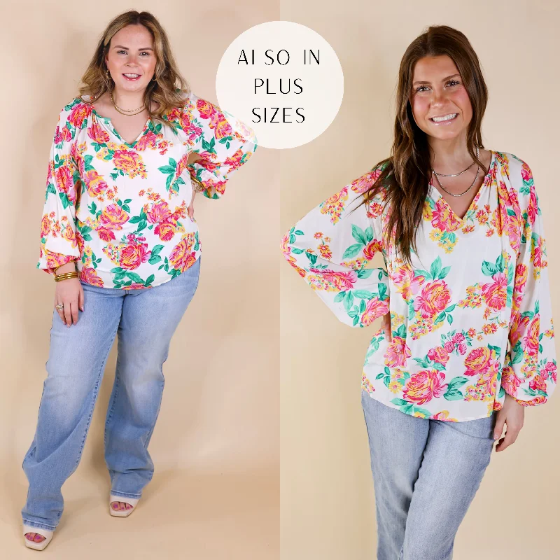 Follow Your Happiness Notched V Neck Floral Top with Long Sleeves in White