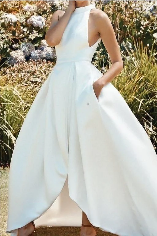 High Neck Satin Bridal Gown with Cut Front