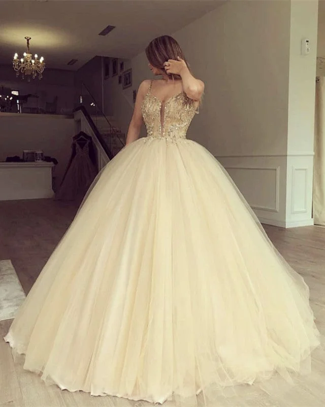 Luxurious Beaded Sweetheart Tulle Ball Gowns Prom Dresses