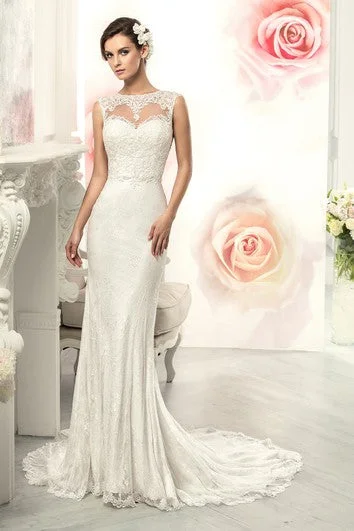 Sheath Long Jewel Sleeveless Illusion Lace Dress With Appliques And Pleats