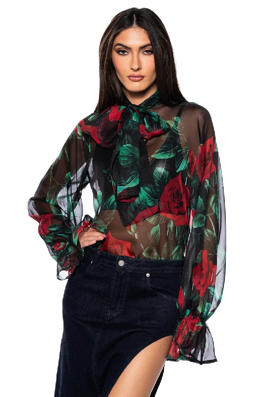 NEVER TOO LATE ROSE PRINT TIE NECK BLOUSE