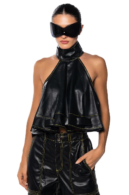 CASSIE BELTED HIGH NECK FAUX LEATHER TOP