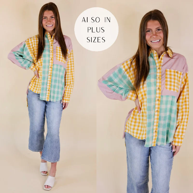 Sandy Shore Plaid Print Block Button Up Top with Raw Hem in Mustard Yellow Mix