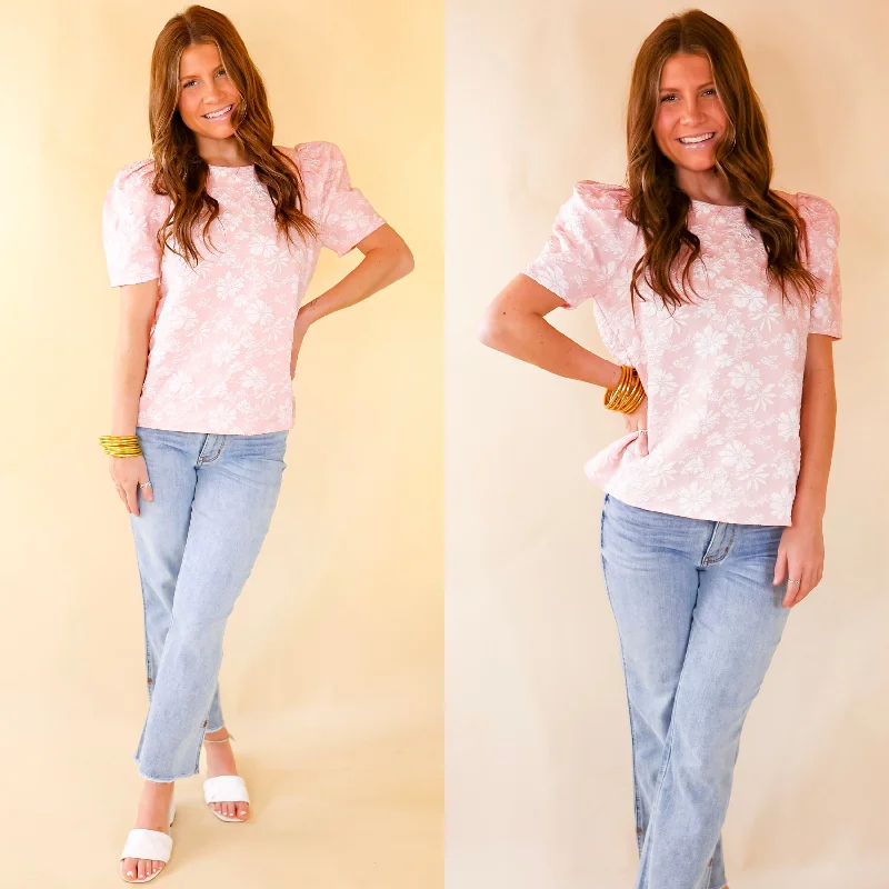 Fab Feeling Puff Shoulder Floral Embossed Top in Light Pink