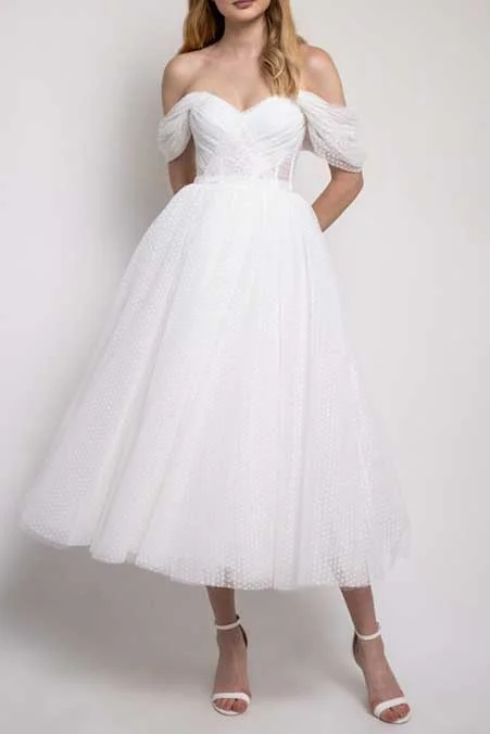 Short Vintage Polka Dot Tulle Wedding Dress with Off the Shoulder Straps ET3037